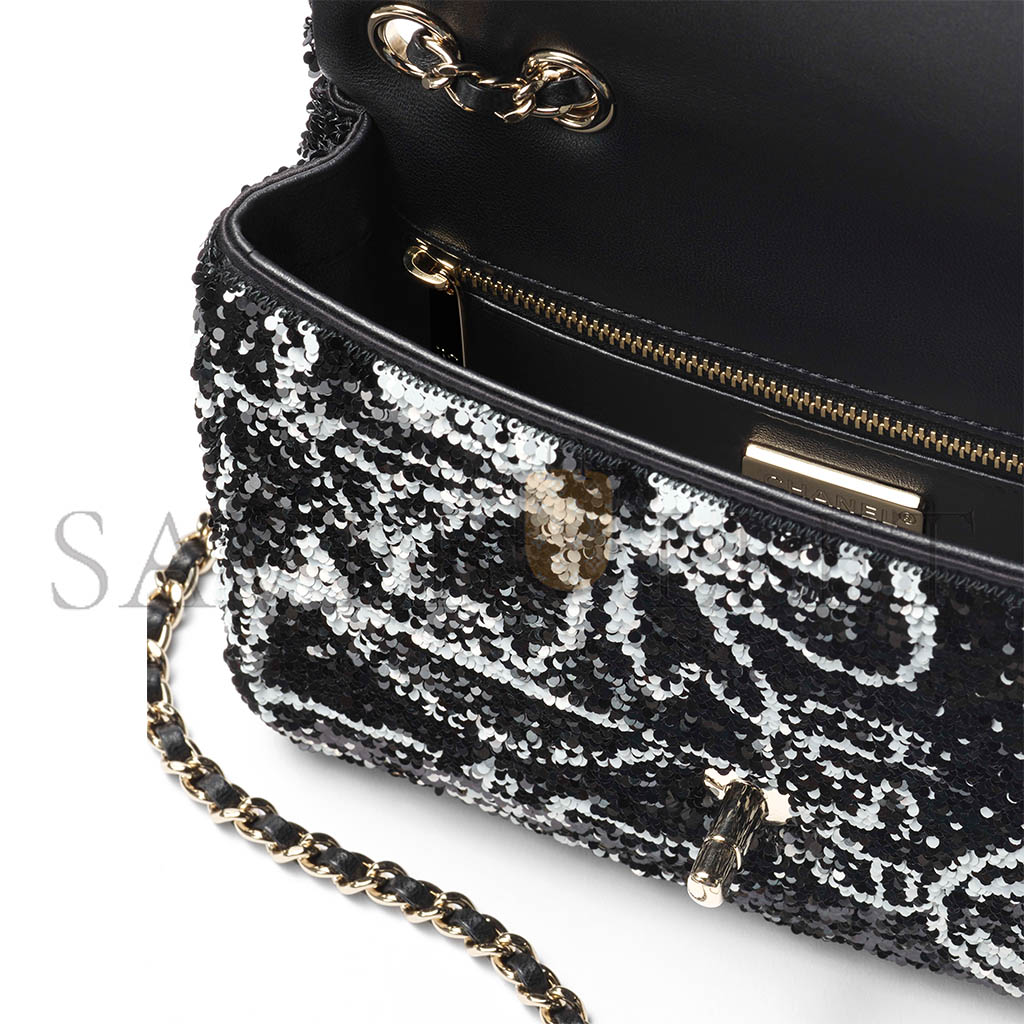 Ch*el flap bag sequins & gold-tone metal black & white as4561 (21*14*8cm)